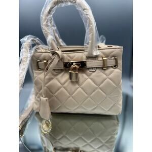 Badgley Mischka diamond quilted 2-way vegan leather tote bag in a taupe